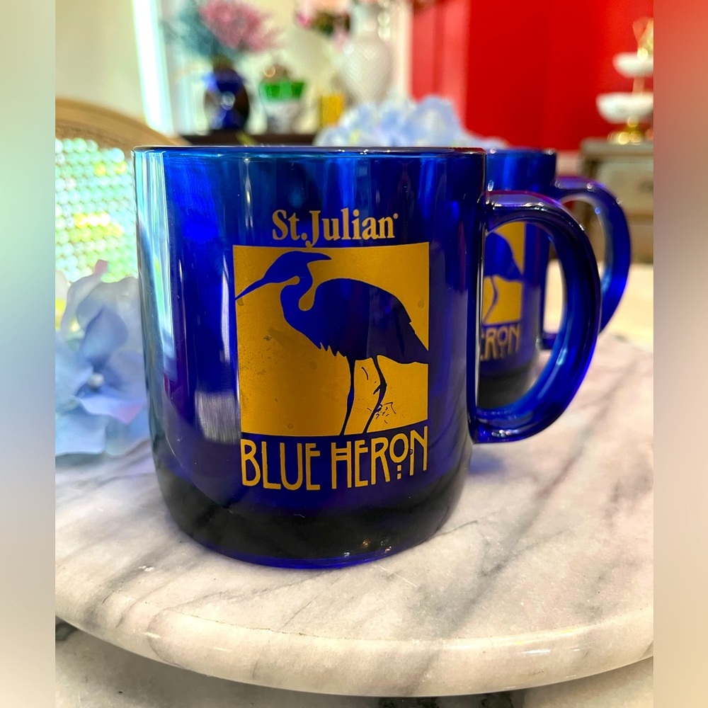 Set of 2 Vintage Blue Heron St Julian Cobalt Blue Glass Coffee Mug ARC France